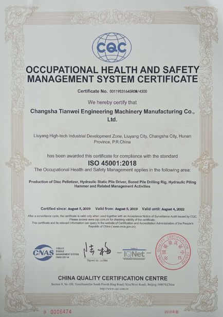 Китай Changsha Tianwei Engineering Machinery Manufacturing Co., Ltd. Сертификаты